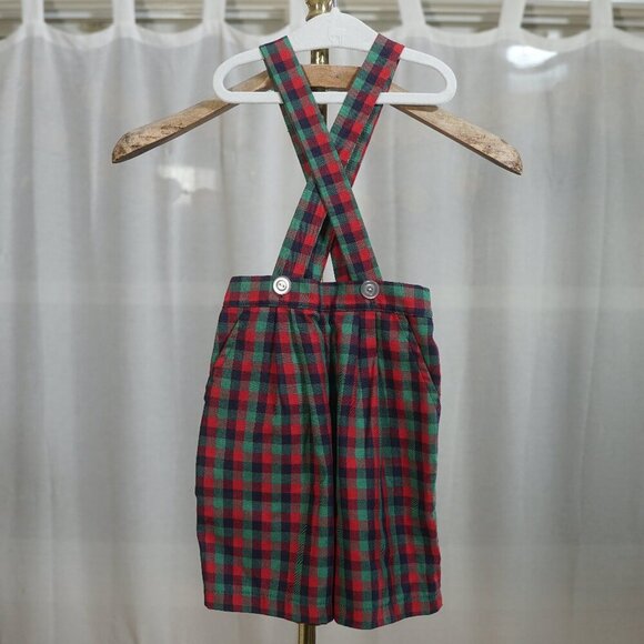 Vintage 90s Kelly's Kids Red Green Plaid Shortall Romper - Picture 1 of 6